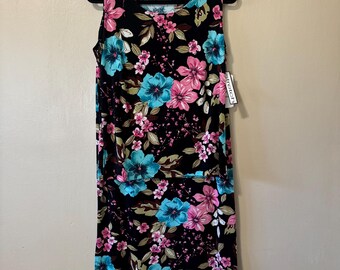 Size M/L Vintage Deadstock Notations Black Tropical Floral Summer Print Two Piece Tank Top + Maxi Skirt Set Hawaii Hawaiian Stretchy Slinky