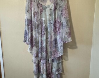 Size 14 Vintage 80s/90s Purple Floral Maxi Dress + Sheer Mesh Overlay Blouse Cottagecore