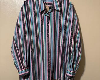 Plus Size 18W Vintage Foxcroft B+W Pink and Vlue Polka Dot and Striped Cotton Button Down Collared Shirt