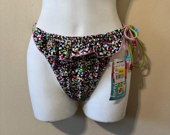 Size Medium Vintage Deadstock 2000s/Y2K Pink Blue Green Polka Dot Ruffly Adjustable Swim Suit Bottoms Bathing Suit Summer