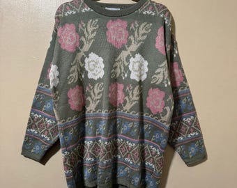 Size XL Vintage 80s 90s Sage Green and Pink Floral Cottagecore Sweater