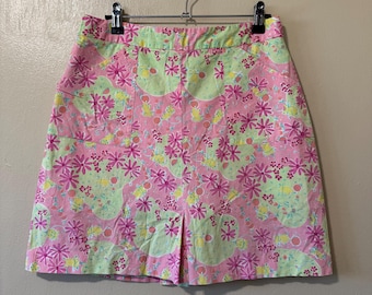 Waist: 28” Size 4 Vintage Lilly Pulitzer Pink and Green Jumping Circus Mice and Floral Printed Mini Skort Cotton Spandex Summer Retro Tennis