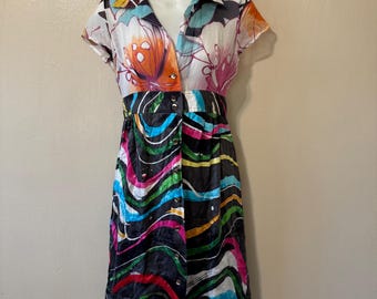 Size 36 Fits XS Vintage Custo Barcelona 100% Silk Mixed Pattern Swirly Floral Collared Button Down Mini Dress