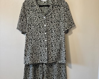 Size Large Vintage Deadstock Fundamental Things Green Leaf/Vine Patterned Button Down Blouse + Wide Leg Pants Two Piece Set Boho Minimalist