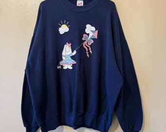 Plus Size 3X Vintage 80s Jerzees Cottagecore Embroidered/Patched Bunny/Girl Flying a Kite