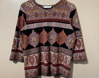 Size Large Vintage Y2K Napa Valley Orange and Purple Boho Patterned Textured Quarter Sleeve Top
