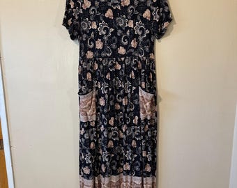 Size Medium Vintage 90s Black and Beige Floral Patchwork Midi Dress with Pockets and Tie Waist Cottagecore