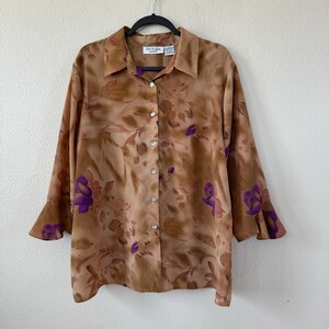Plus Size 1X Vintage 90’s Brown and Purple Floral Patterned Quarter Asymmetrical Flare Sleeve Button Down Blouse whimsigoth Fairy Fairycore