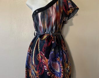 Size XS/S Vintage y2K/2000s Deadstock One Shoulder Sequins Paisley Patterned Mini Dress/Tunic