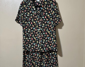 Size Medium Vintage Deadstock Fundamental Things Black and Colorful Floral Patterned Button Down Blouse and Pants Two Piece Set Cottagecore