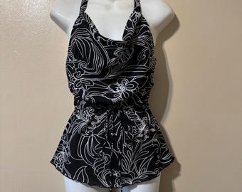 Size Large Vintage 90/2000s Forever 21 Black and White Floral Micromesh Halter Wrap Top