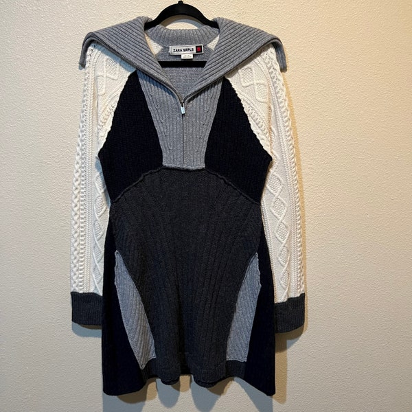 Size Large Zara Srpls 100% Wool Colorblock Cable Knit Sweater Dress Modern Preppy Warm Winter Mini Dress Fit and Flare