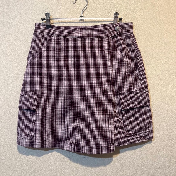 Waist: 28” Vintage 90’s Purple Gingham Checkered Plaid Wrap Mini Skort Summer 100% Cotton Spring Shorts Cargo Skirt Pockets