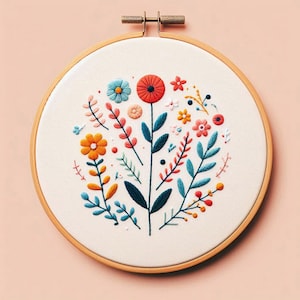 Peut inclure: Un motif de broderie florale coloré dans un cercle de broderie en bois. Le motif présente une variété de fleurs et de feuilles dans des tons de rouge, orange, jaune, bleu et vert.