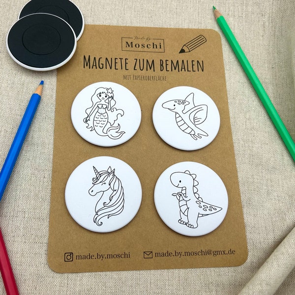 Magnet zum selber bemalen | gemischt | Papieroberfläche | 4er Set | 59mm | Kinder Bastelset| Ausmalbilder | Kindergeburtstag Mitgebsel