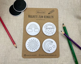 Magnet oder Pin zum selber bemalen | Regenbogen, Sonne, Regen, Mond| 4er Set | 59mm Button | kleine DIY Geschenkidee | Ausmalbilder