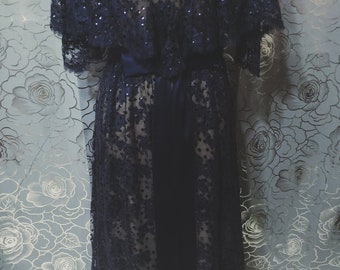 60s Kiki Hart Royal Blue Floral Lace Sequins Capelet Wedding Guest Gown