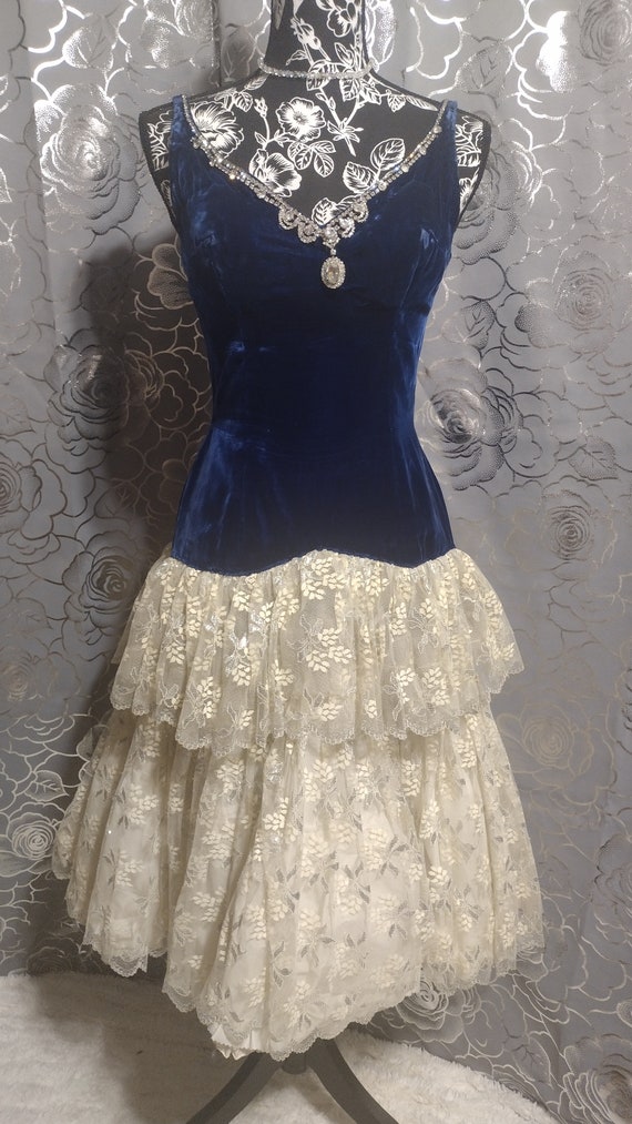 Royal Blue Velvet Lace Drop Waist Dress with Rhine