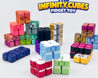May include: A collection of multi-colored infinity cube fidget toys in various configurations, including stacked and flat arrangements. The text THE INFINITY CUBES FIDGET TOY is displayed in blue and yellow at the top of the image.