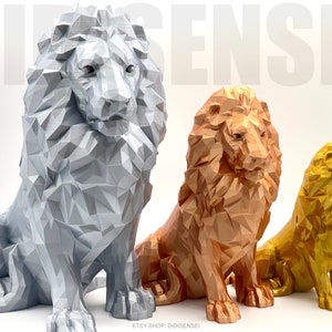 Low Poly Style Lion Sculpture - Minimalist Sitting Lion - 6~12 Inches Options - Custom Colors - 3D Printed