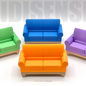 May include: Four miniature couches in different colors: green, blue, orange, and purple. Each couch has a simple design with rounded edges and wooden legs. The couches are arranged in a row on a white surface. The text "ETSY SHOP - DIDISENSEI" is visible at the bottom of the image.