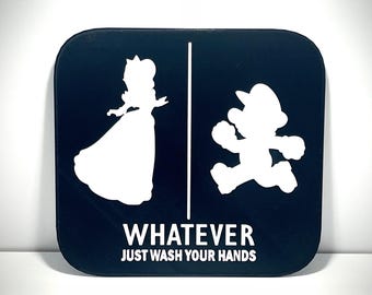 Princess and Mario - Wash Your Hands - Neutral Bathroom Sign - Unisex Restroom Sign - 7"~10" Options - 3D Printed