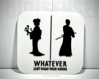 Japanese Geisha and Samurai - Wash Your Hands - Neutral Bathroom Sign - Unisex Restroom Sign - 7"~10" Options - 3D Printed