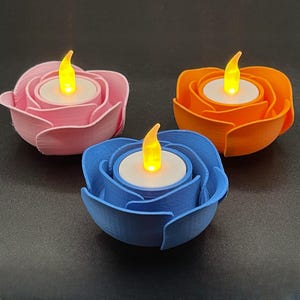 Rose Flower - Led Tealight Candle with Holder - Compatible with Regular Wax Tealights - Custom Colors - 3D Printed