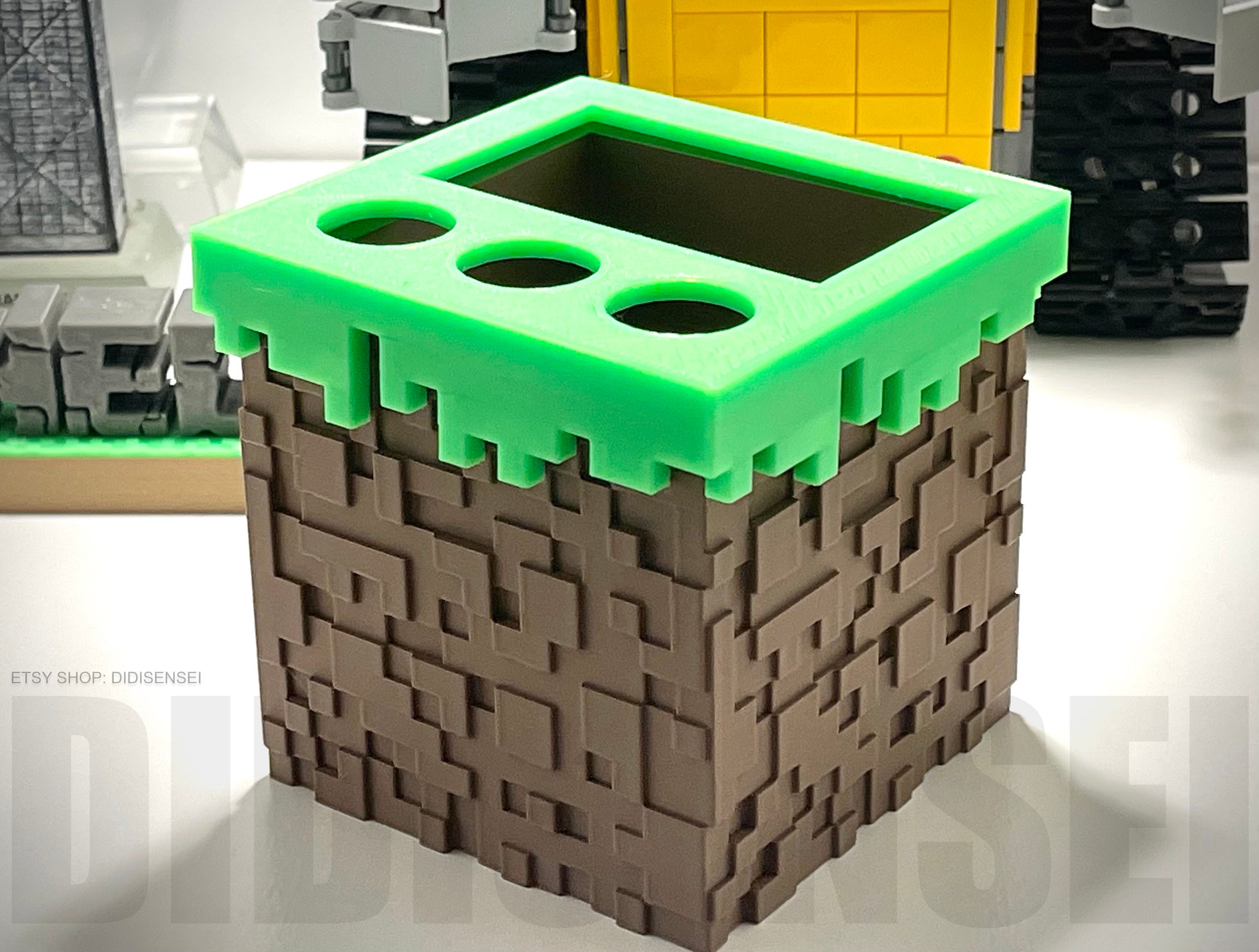 Porta lápices con forma de caja de bloques de hierba - Organizador de herramientas - Portacepillos de dientes - Portabrochas de maquillaje - Impreso en 3D