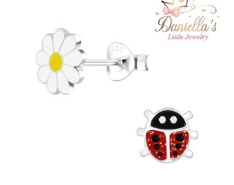 Silver Ladybug and Flower Stud Earrings