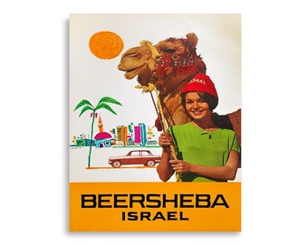 Impresión de póster de viaje vintage de Beersheba, Israel: arte turístico israelí retro