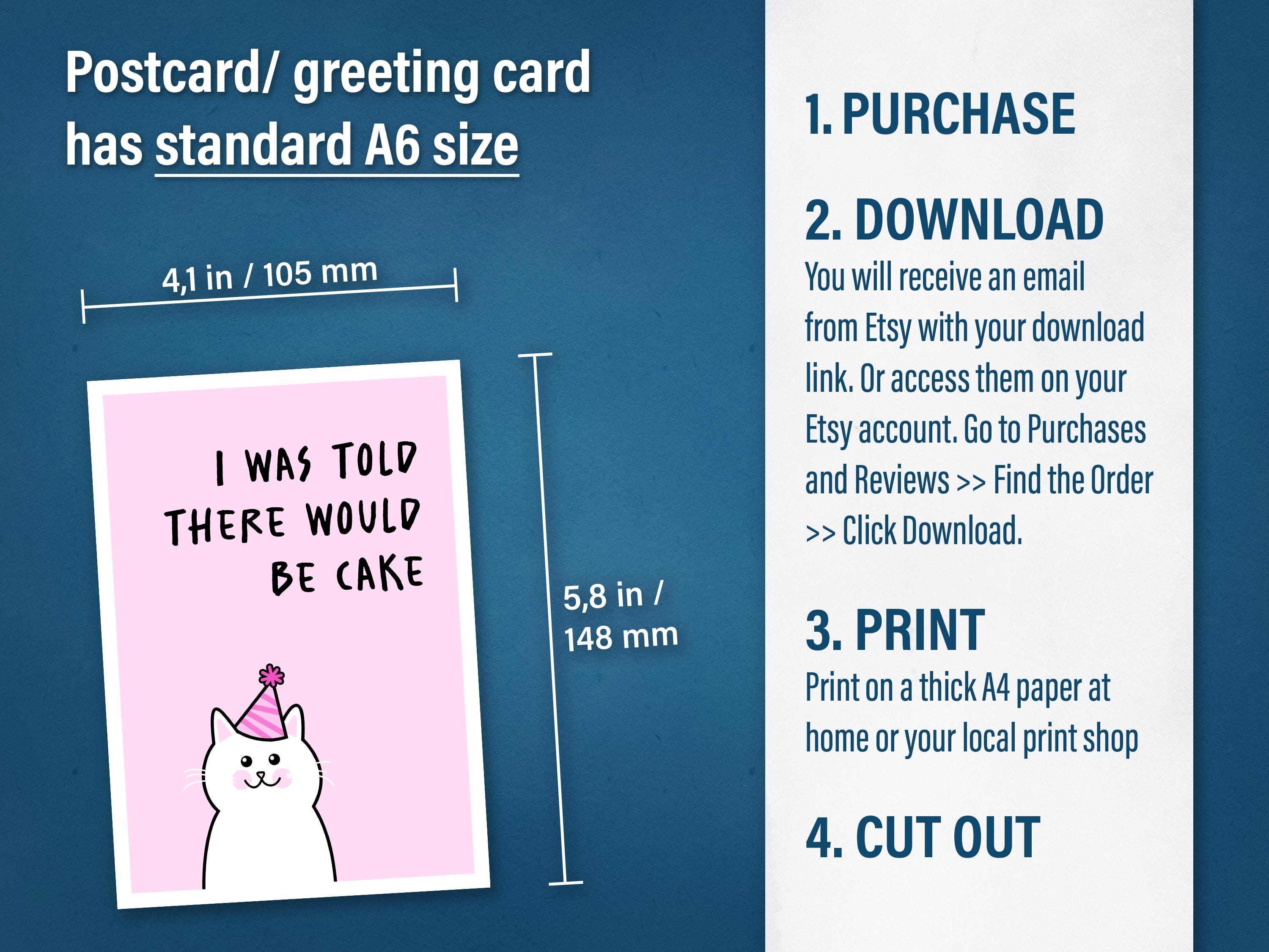 Printable Funny Birthday Card - Cat and Cake - Postcard & Foldable