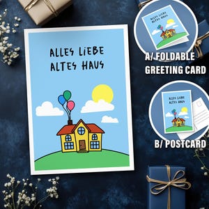 Cartão de aniversário engraçado para impressão. Cartão postal alemão e cartão de felicitações dobrável. Bonito, engraçado, minimalista, com trocadilho, sarcástico. Em alemão