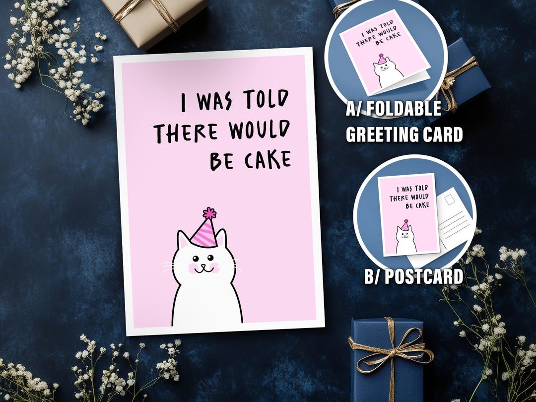 Printable Funny Birthday Card - Cat and Cake - Postcard & Foldable