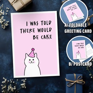 Carte d'anniversaire amusante à imprimer - chat et gâteau - carte postale et carte de voeux pliable. Mignon, drôle, minimaliste, avec un chat, amusant, poli