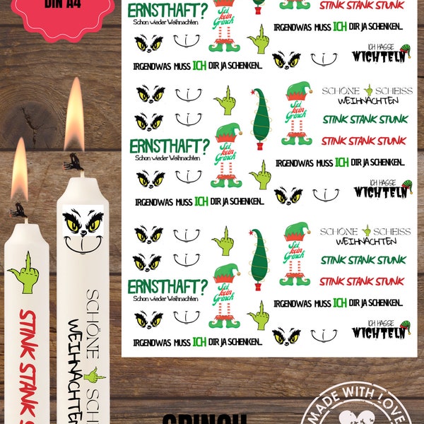 Kerzentattoo Grinch  DIN A4 | Kerzen |  Wasserschiebefolie | Kerzenfolie