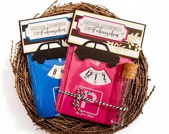Puede incluir: Dos paquetes de regalo rectangulares en azul y rosa, cada uno con un recorte de coche negro y una etiqueta que dice HERZLICHEN GLÜCKWUNSCH ZUM Führerschein. El paquete rosa presenta un gráfico de señal de estacionamiento y un vial de vidrio.