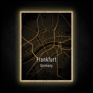 LED Leuchtbild - Frankfurt am Main Karte - Leuchtendes Wandbild mit Rahmen