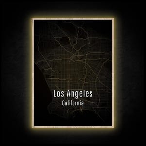 LED Leuchtbild - Los Angeles Karte - Leuchtendes Wandbild mit Rahmen