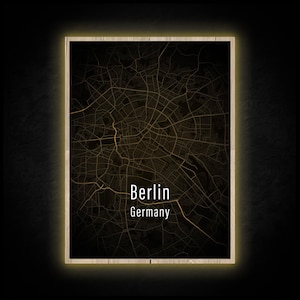 LED Leuchtbild - Berlin Karte - Leuchtendes Wandbild mit Rahmen Made in Germany
