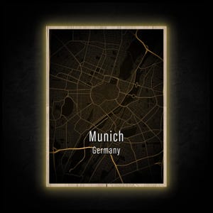 LED Leuchtbild - München Karte - Leuchtendes Wandbild mit Rahmen Made in Germany