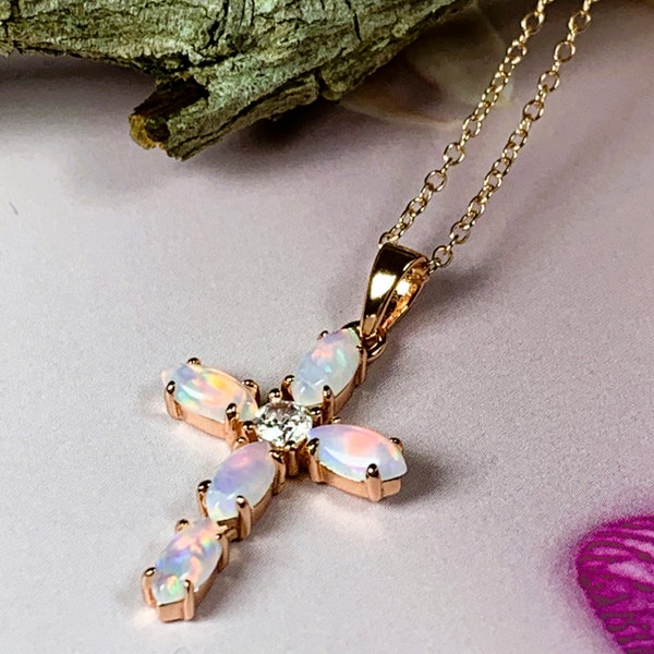 Heart's Art Australia 18kt Rose Gold plated Sterling Silver Cross Created 6x4mm Multi Colour White Fire Opal necklace- Ideal Gift