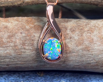 Rose Gold Plated Sterling Silver Created Opal Necklace – Turquoise Fire Opal Pendant