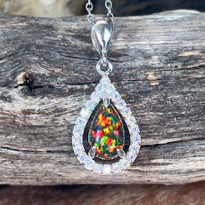 Teardrop Fire Opal Necklace – Sterling Silver, Cubic Zirconia Halo
