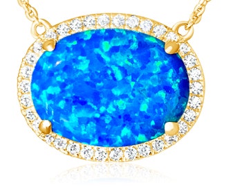 Sterling Silver Halo Necklace – Ocean Blue Created Opal Pendant