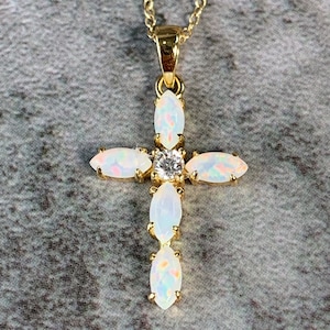 Heart&#39;s Art Australia 18kt Yellow Gold plated Sterling Silver Cross Created 6x4mm Multi Colour White Fire Opal necklace- Ideal Gift