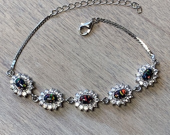 Sterling Silver Created Black Fire Opal Bracelet – Multi Color Cluster
