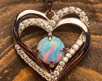 Sterling Silver Heart Necklace - Blue Created Opal, CZ Pendant