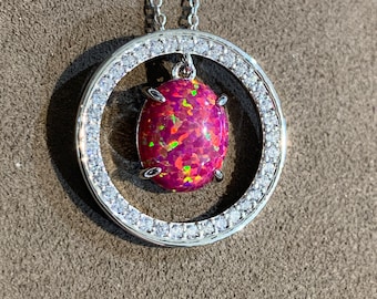 Sterling Silver Hot Pink Opal Halo Pendant – Dangle Necklace