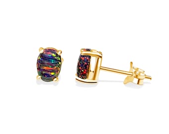 Heart's Art Australia- Play of Color - Pair of Gold plated Silver Created Solid Fire Black Opal stud earrings- Great Gift for everyday!